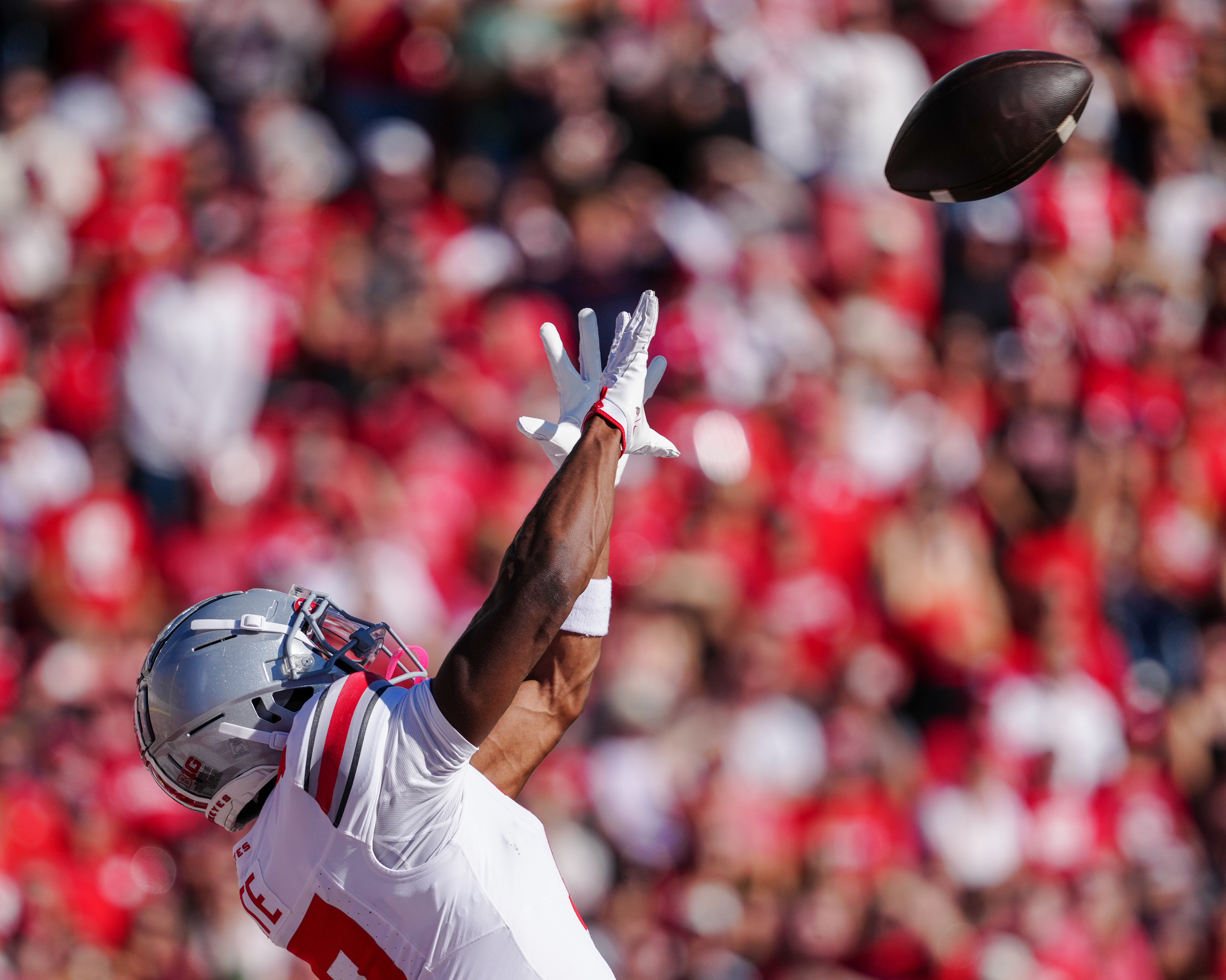 Oct 18, 2025; Madison, Wisconsin, USA; Ohio State Buckeyes wide receiver Carnell Tate (17) catches a touchdown pass in the first quarter agains the Wisconsin Badgers at Camp Randall Stadium on October 18, 2025 in Madison, Wisconsin. Photography by Ross Harried for Second Crop Sports.